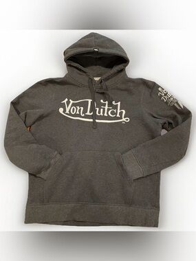 Y2K Von Dutch Hoodie Gray Big Logo Medium Pullover Sweatshirt
